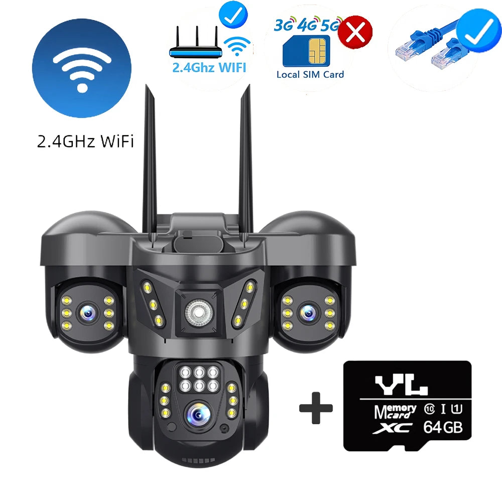 V380 Pro WiFi IP Camera 15MP Triple Lenses Triple Screens Security Video Monitor Night Vision Outdoor Waterproof CCTV Cameras WIFI Cam 64G Card / AU Plug