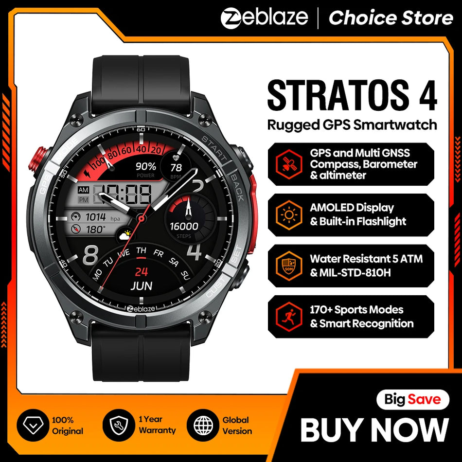 Zeblaze Stratos 4 GPS Smartwatch &ndash; 1.43 Inch AMOLED Display