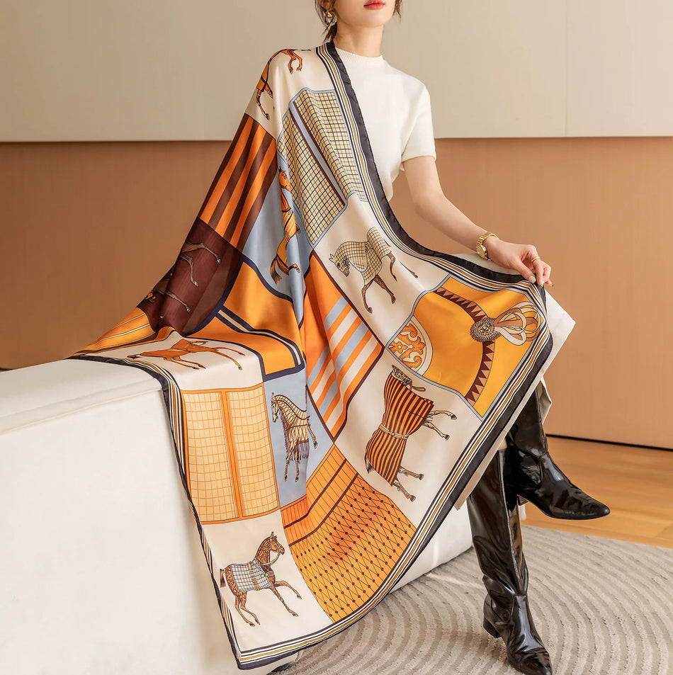 Luxury Horse Print Square Scarf &ndash; Vintage Imitation Silk Elegance 1 / 110X110cm