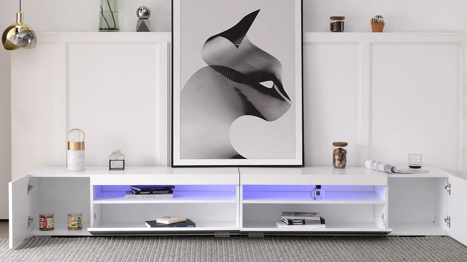 Mobile TV moderno bianco con illuminazione a LED e pannello lucido