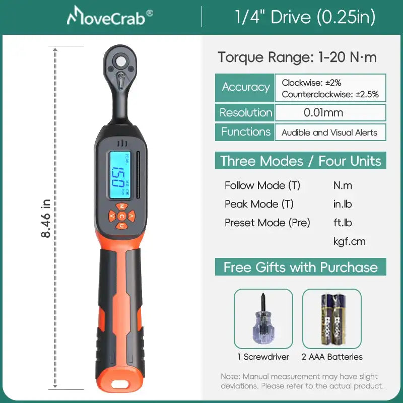 MOVECRAB Digital Torque Wrench 1.5-340N.m &ndash; High Precision with Buzzer and LED Notification 1-20N.M