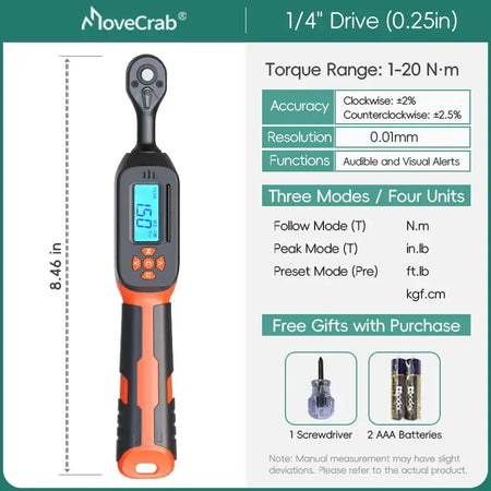 MOVECRAB Digital Torque Wrench 1.5-340N.m &ndash; High Precision with Buzzer and LED Notification 1-20N.M