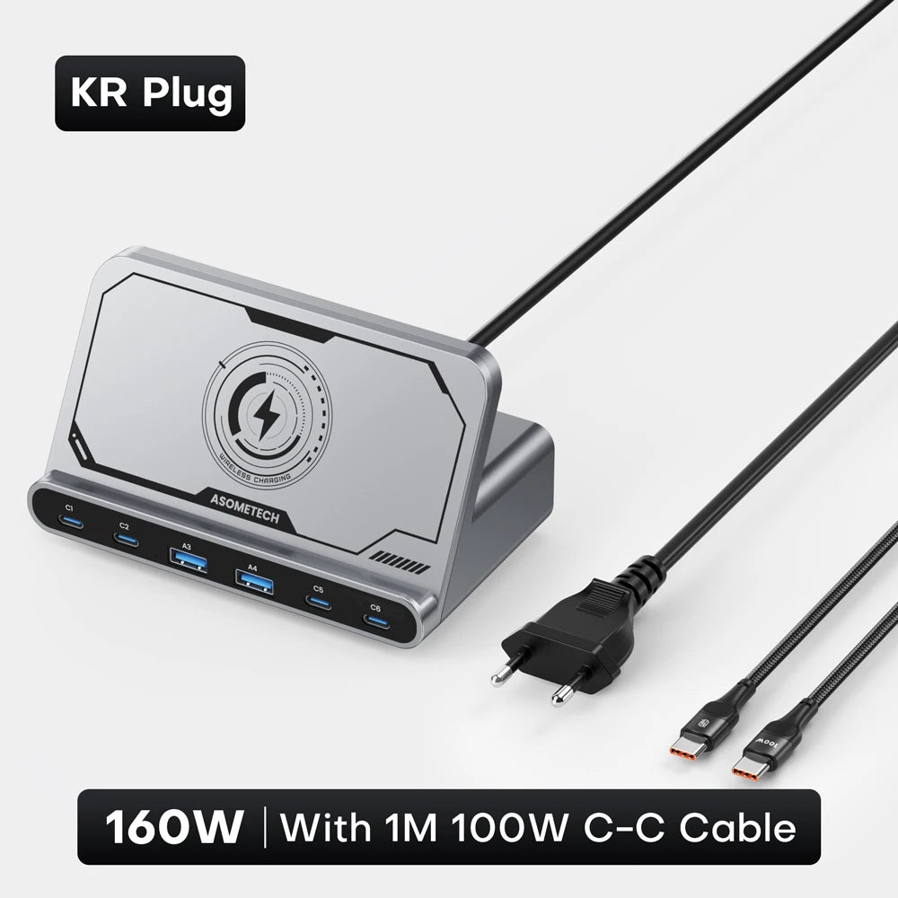 ASOMETECH 160W 7in1 USB C Fast Charging Station &ndash; Ultra-Fast Wireless Charging for Multiple Devices KR Plug With Cable