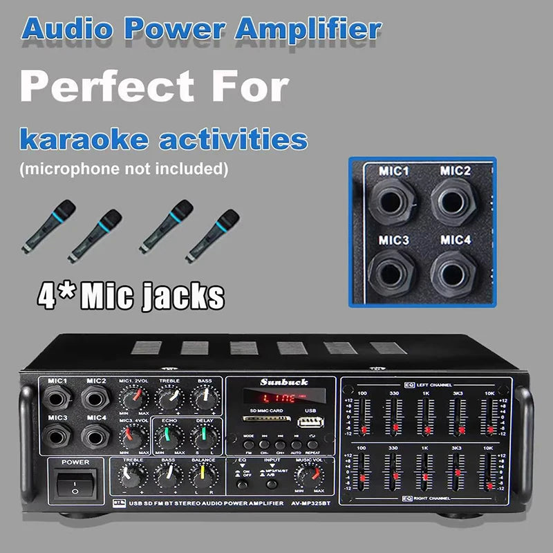 SUNBUCK 325BT Bluetooth Power Amplifiers 110/220V Audio Stereo Digital AMP Support 4 Mic Input USB SD FM AUX With Remote Control