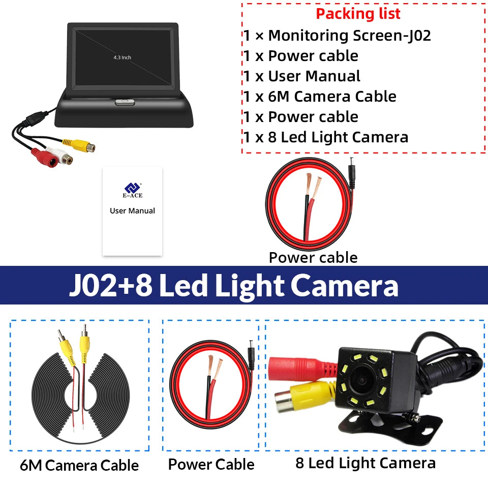 E-ACE 4.3 Inch Car Rear View Monitor - Folding Easy Install J02-8 Led Camera