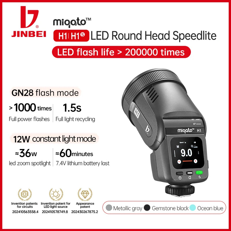 JINBEI H1 Round Head LED Speedlite - 2 in 1 Flash &amp; Video Light for Canon, Nikon, Sony