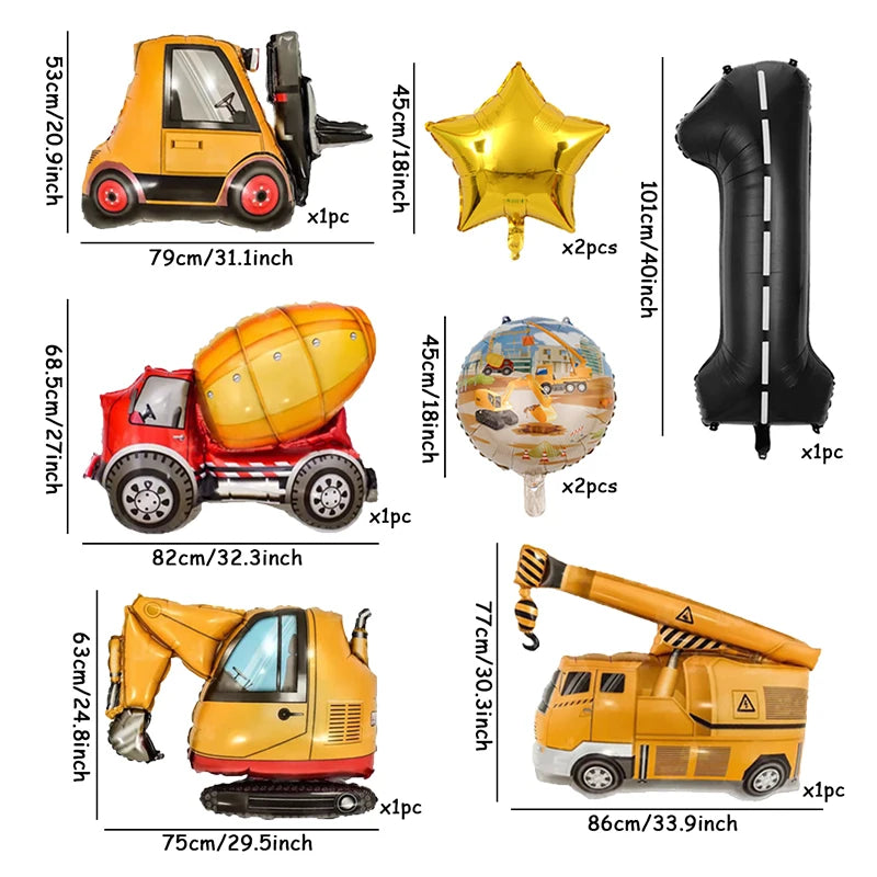 9Pcs/1Set Construction Vehicle Aluminum Film Balloon Excavator Crane 1-9 Digital Balloons Boys Birthday Party Decor Balloons