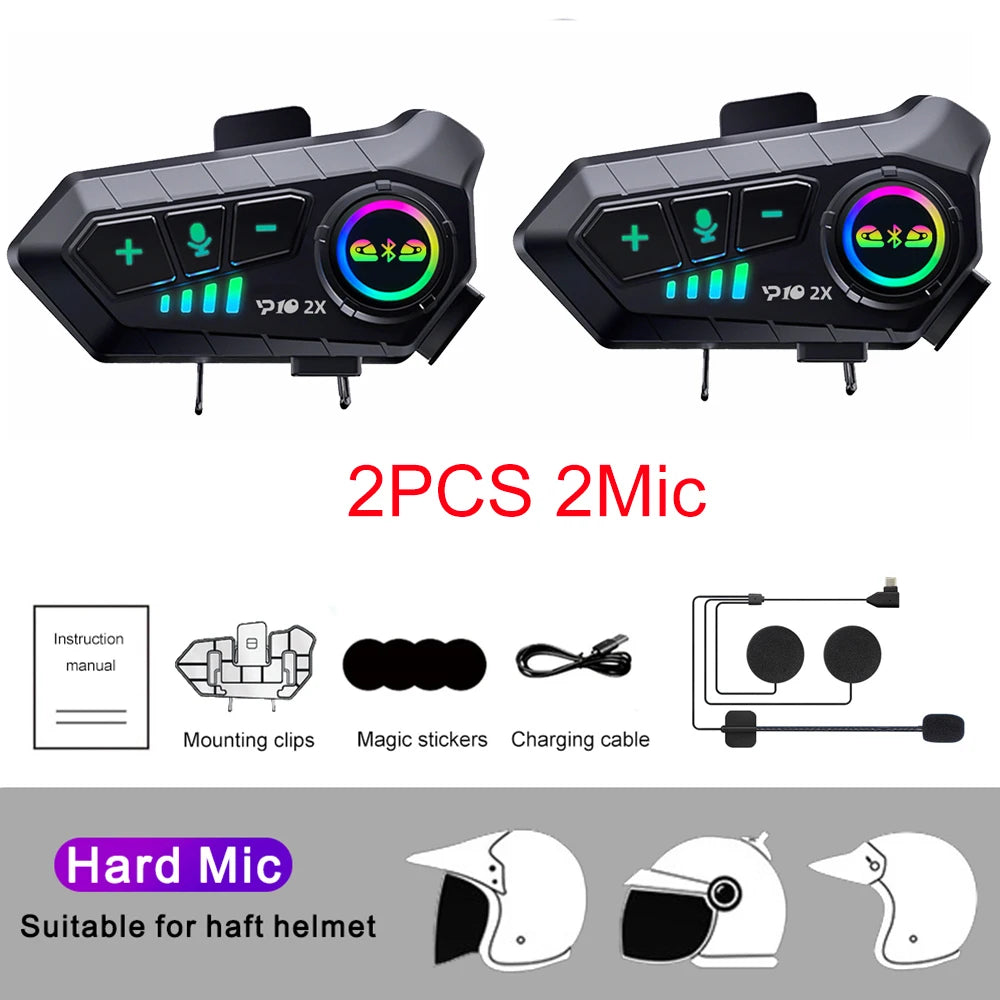 Kebidumei YP10 Bluetooth Motorcycle Helmet Intercom - 300M Wireless Communication System 2PCS Hard Mic