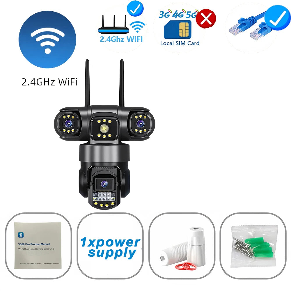 15MP 4G SIM Surveillance Camera Triple-Lens Triple Screens IP66 Outdoor HD Night Vision Outdoor WiFi IP Security Camera V380 Pro WIFI Cam No Card / US Plug