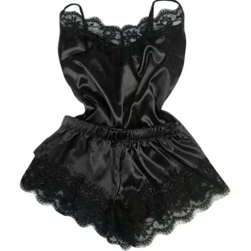 Summer Lace Silk Pajama Set Women Sleepwear - Sexy &amp; Comfortable Lingerie Cami Top with Shorts