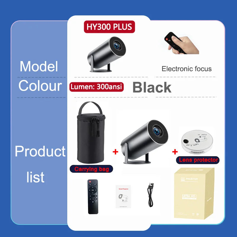 2025New Ditong Hy300 Plus 4k video portable projector Android HD 1280*720P Home Cinema Outdoor HY300 pro Mini led Projetor Black PLUS and bag / US Plug