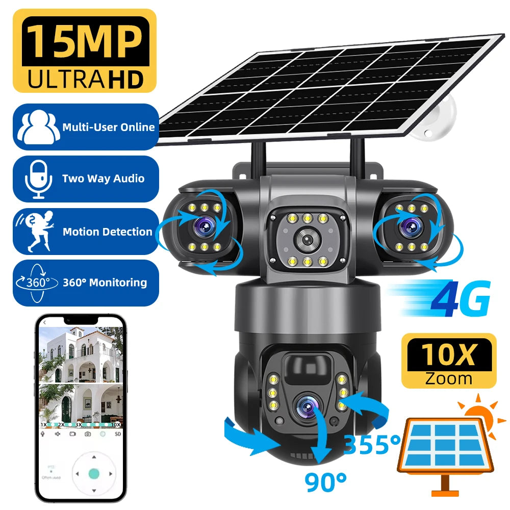 V380 Pro 15MP 6K 10X Zoom Triple Lens 4G Solar Outdoor Three Screen PIR Motion Detection Security CCTV Camera