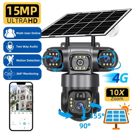 V380 Pro 15MP 6K 10X Zoom Triple Lens 4G Solar Outdoor Three Screen PIR Motion Detection Security CCTV Camera