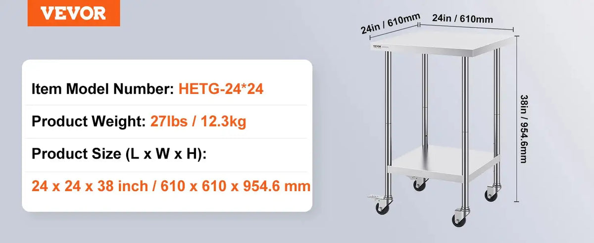 Stainless Steel Work Table Four Wheels 500 Lbs Load 24x24inch / United States