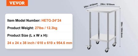 Stainless Steel Work Table Four Wheels 500 Lbs Load 24x24inch / United States