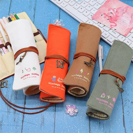 Kawaii 12-Hole Roll-Up Pencil Case for School Supplies
