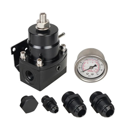 Adjustable Fuel Pressure Regulator with White Oil Gauge With AN8/10 Feed Fitting & AN6 Return Line Fitting & AN8/10 End Cap by InterCyprus Trading Ltd
