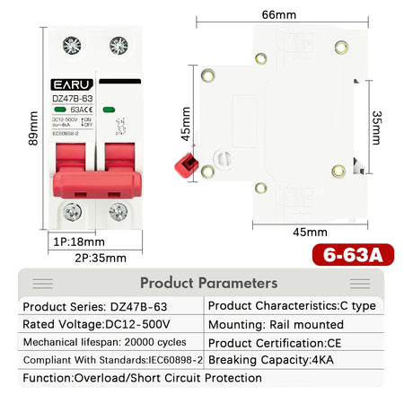 EARUELETRIC DZ47 DC Circuit Breaker - 1P/2P Battery Protection Switch (12V-500V)