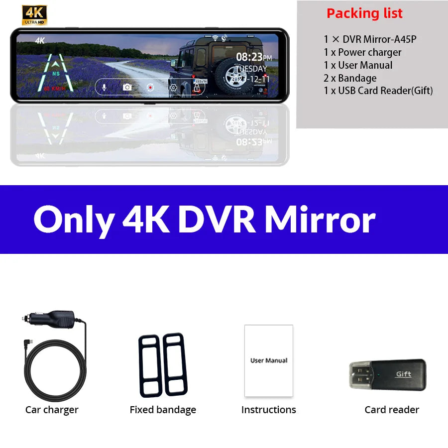 Acceo A45P Mirror Car Recorder &ndash; 4K Ultra HD 12 Inch IPS Only 4K DVR Mirror / 128G