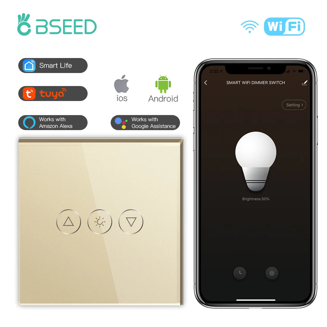 BSEED EU Touch Wifi Light Dimmer 1 Gang - WiFi Enabled Gold / EU standard