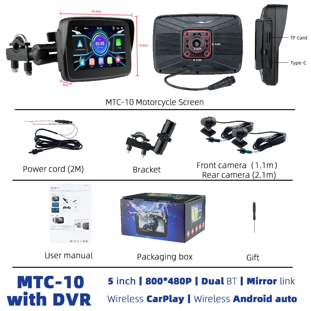 EKIY 5.0 Inch Wireless CarPlay Monitor &ndash; Portable Motorcycle GPS Navigation MTC-10-DVR