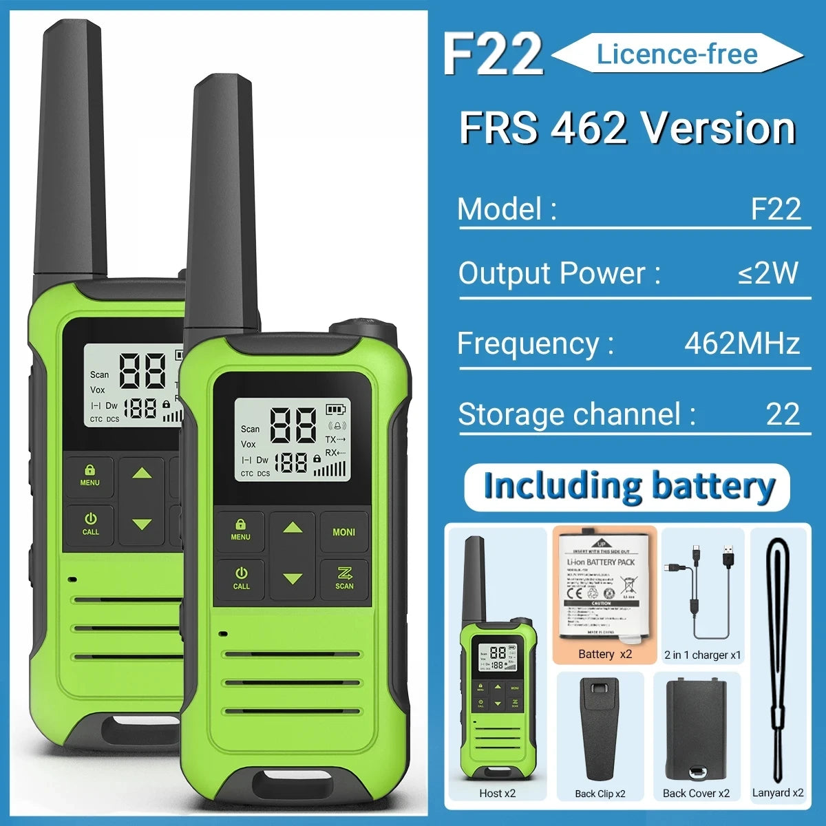 Baofeng F22 Mini Walkie Talkie PMR FRS - Long Range FRS -NewGreen