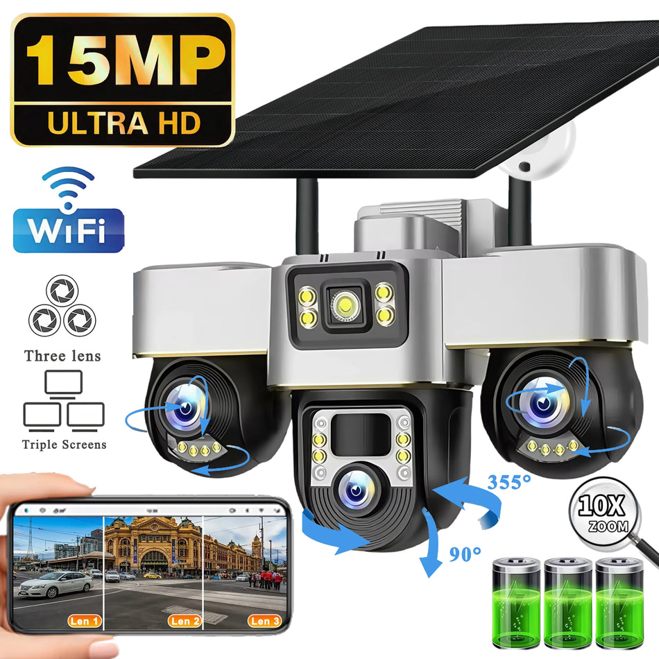 15MP WIFI Three PTZ Solar Camera Three screen PIR Human Tracking Security CCTV Surveillance IP Camera PTZ control for all 3 Lens