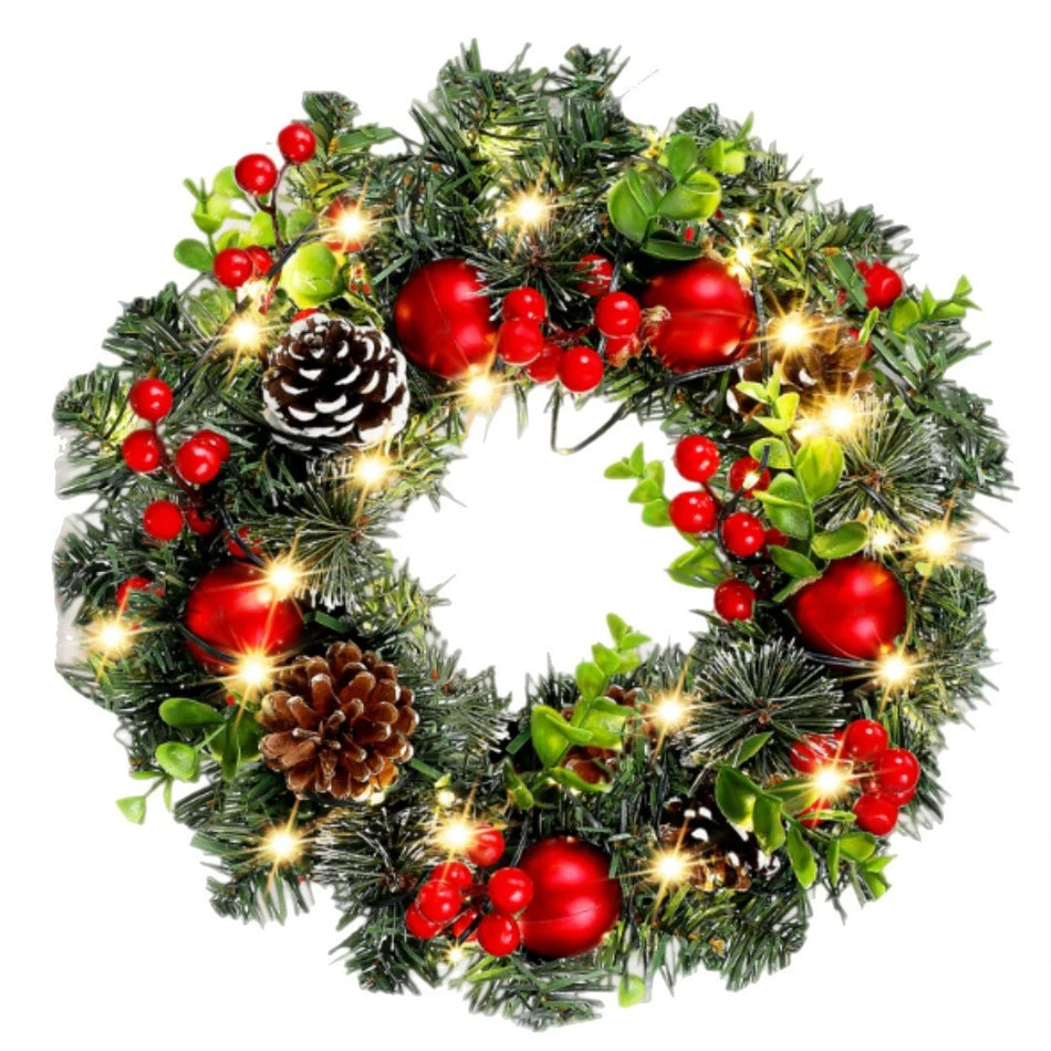 Elegant Red Christmas Wreath with LED Lights, PVC Fruit Decor for Window, Door, and Wall