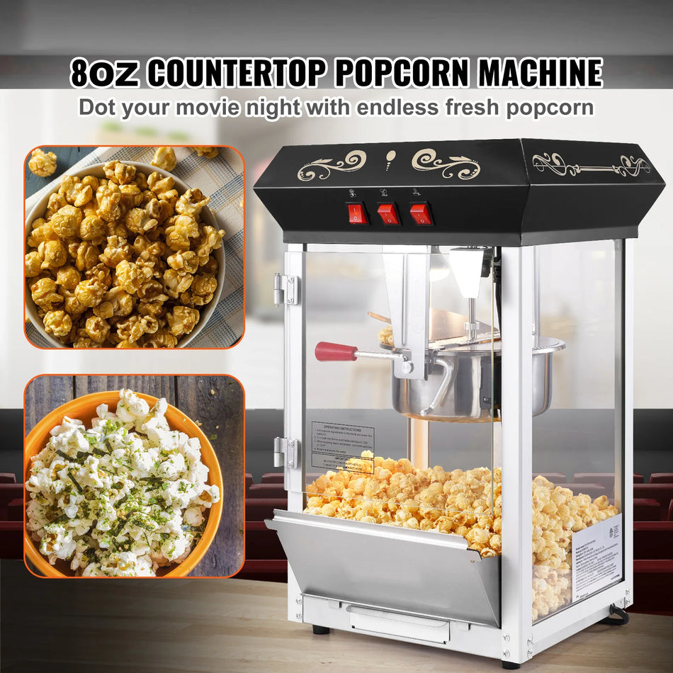 Popcornovač 850W 8oz kotel dělá 48 šálků na dávku, pultový popper s tvrzeným sklem a LED světly