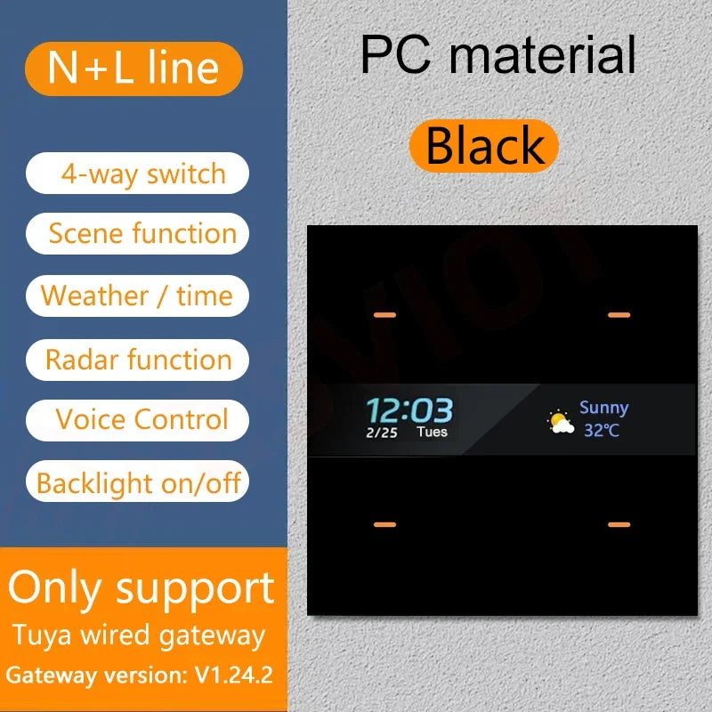 Tuya Zigbee 4 Gang Weather Display Switch &ndash; Time Display Zigbee PC Black