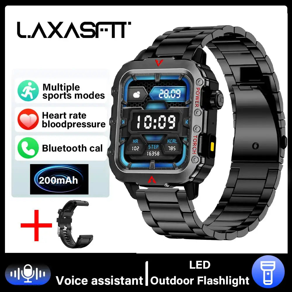 LAXASFIT Smart Watch Bluetooth Talk LED Flashlight Outdoor Black Steel Strip