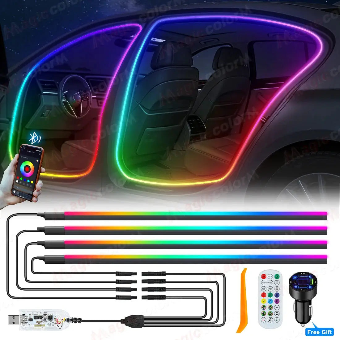4in1 2in1 Symphony Car Door Frame Ambient Lights Universal RGB 3M 4M LED Acrtlic Strip APP Remote Control USB Type C Plug & Play by InterCyprus Trading Ltd