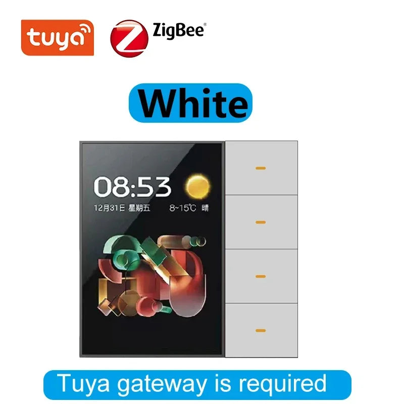 Tuya Zigbee 3.5 Inch Smart Wall Switch &ndash; Four Channel Zigbee White