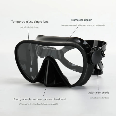 Frameless Scuba Diving Mask with Panoramic Tempered Glass and Silicone Skirt