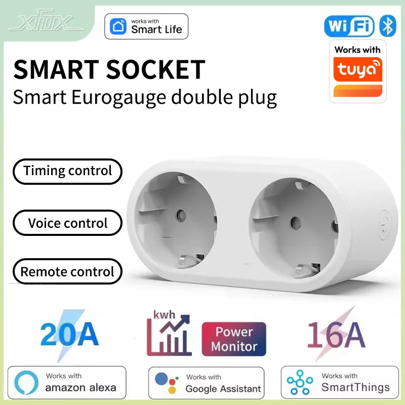 Tuya WiFi Smart Dual Plug Socket 16A 20A - Power Monitoring