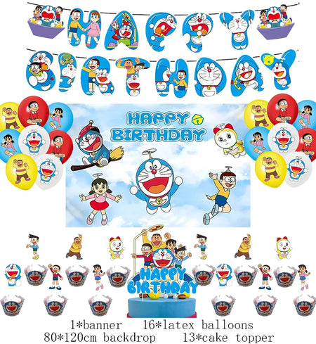 Doraemon Birthday Party Decoration Set with Banner, Cake Topper &amp; Balloons 1set C / Other / CHINA