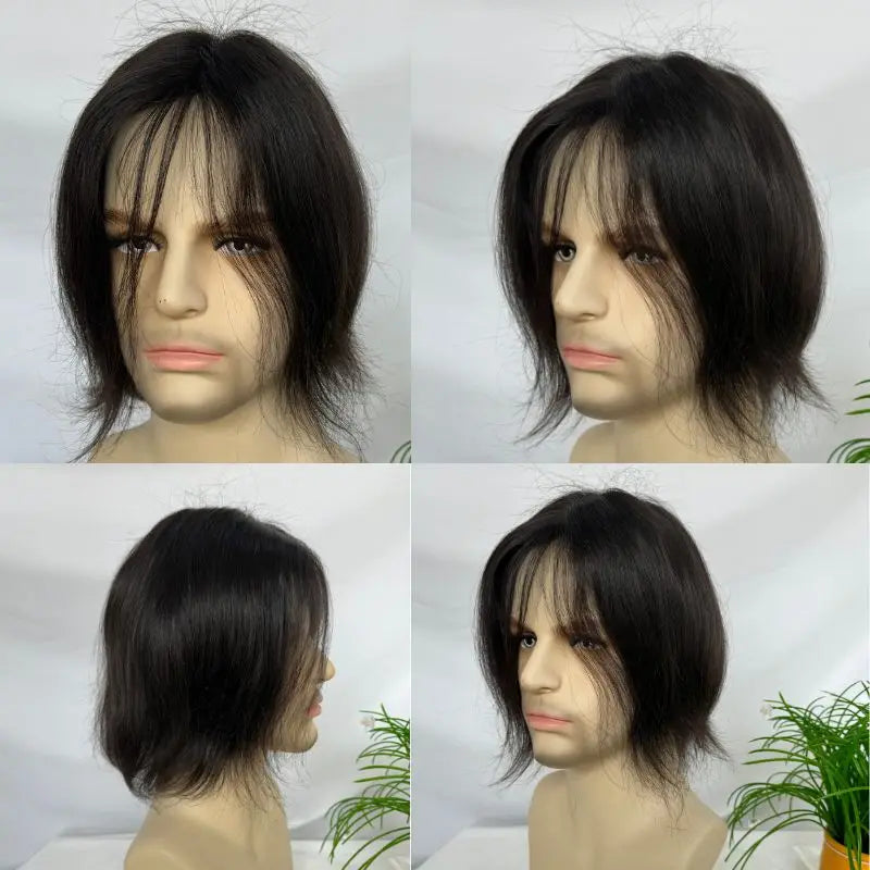 PWIGS Mono Base PU Men's Toupee - 100% Indian Remy Hair, Natural Black 8x6 Inch