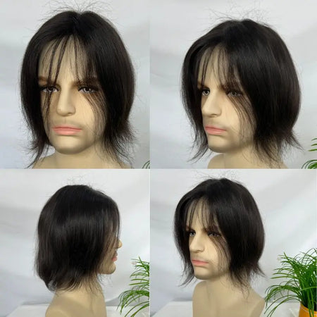 PWIGS Mono Base PU Men's Toupee - 100% Indian Remy Hair, Natural Black 8x6 Inch