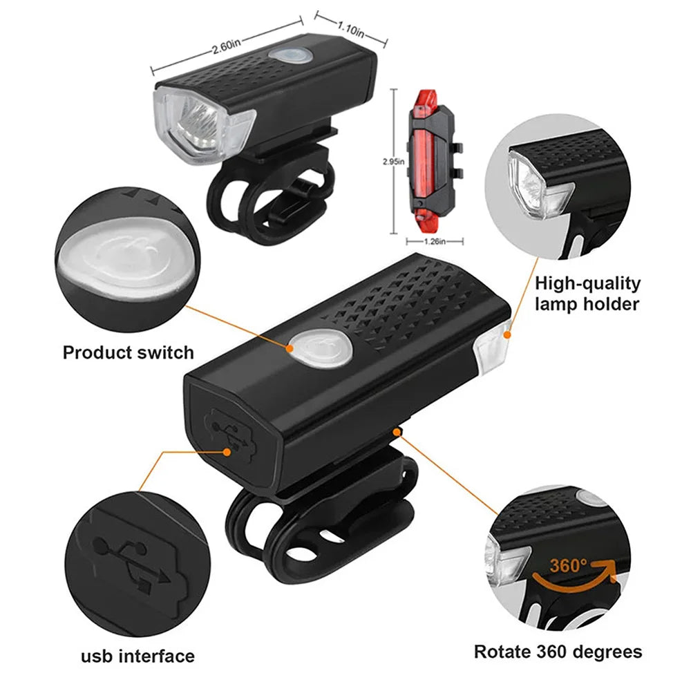 USB Rechargeable Bike Light Set with Front and Taillight
