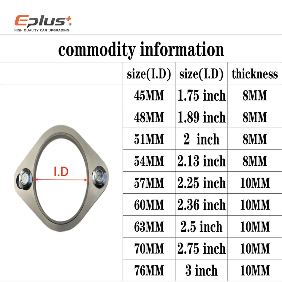 Eplus Universālais 304 nerūsējošā tērauda izplūdes flanša savienojums, 2 caurumi 51mm 63mm 76mm