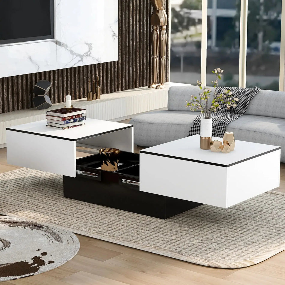 Masă laterală din lemn alb pentru canapea cu sertare și rafturi