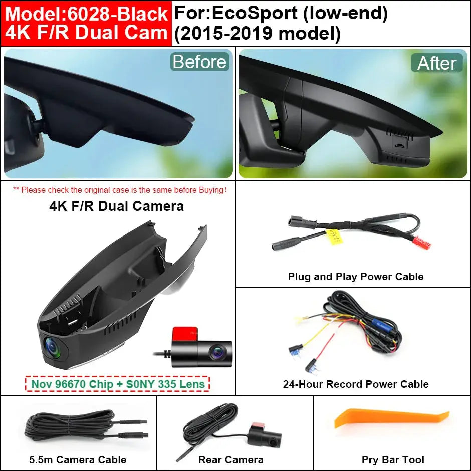 Plug and Play Hidden 4K WiFi Dash Cam Car DVR Front Rear Camera For Ford EcoSport 2015-2019 by InterCyprus Trading Ltd