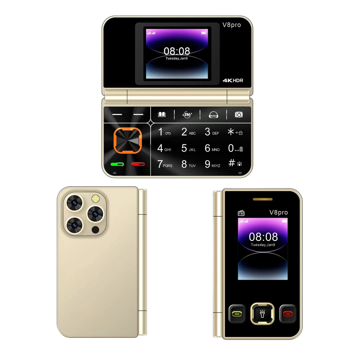 Two Screen Folding Pocket Phone &ndash; Large Push Button Dialing Gold / add 16G TF card