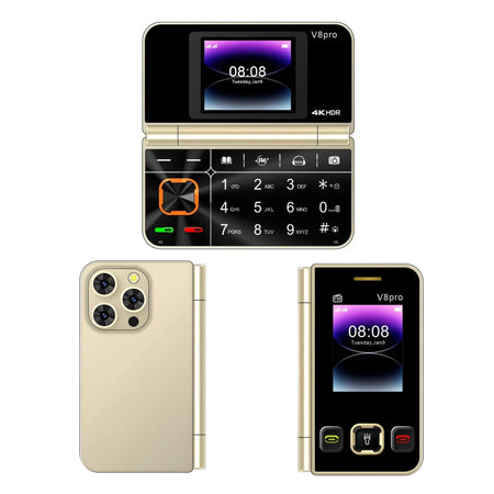 Two Screen Folding Pocket Phone &ndash; Large Push Button Dialing Gold / add 16G TF card