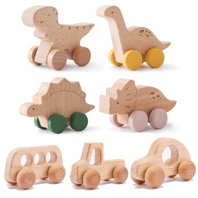 Beech Wooden Dinosaur Cartoon Car Teether Montessori Toys