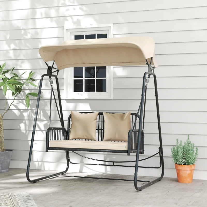 Khaki Rattan Two Seater Garden Swing With Adjustable Canopy
