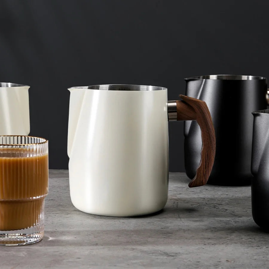 304 Stainless Steel Coffee Milk Frothing Pitcher &ndash; Precise Scale with Wooden Handle
