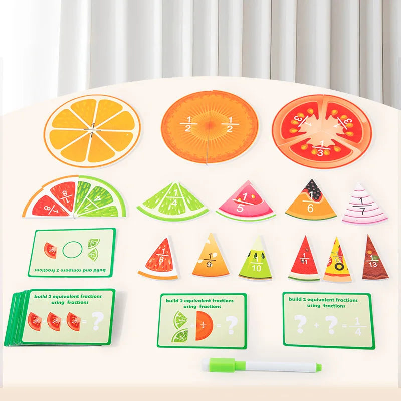 91dílná dřevěná hračka s ovocnými zlomky pro matematiku ve třídě
