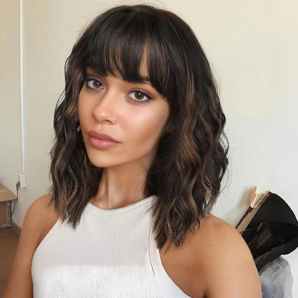 Short Brown Highlight Wavy Bob Wig with Bangs for Daily Use hunse