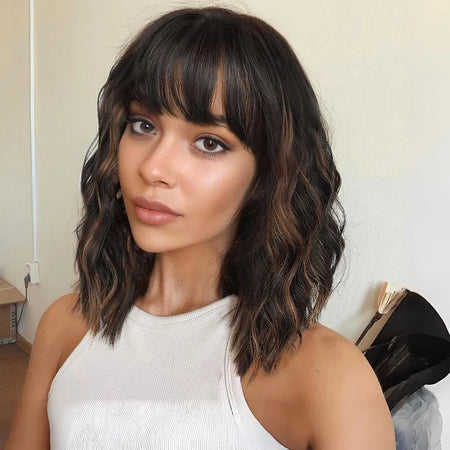 Short Brown Highlight Wavy Bob Wig with Bangs for Daily Use hunse